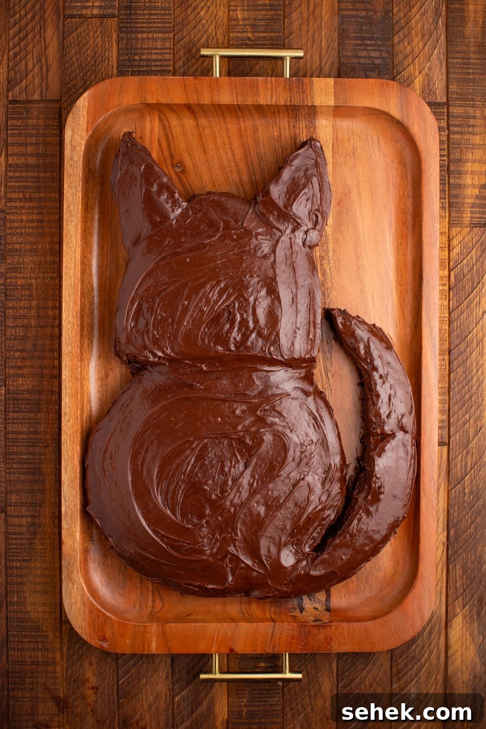 chocolate frosted Easy Halloween Black Cat Cut Out Cake that isn't decorated 