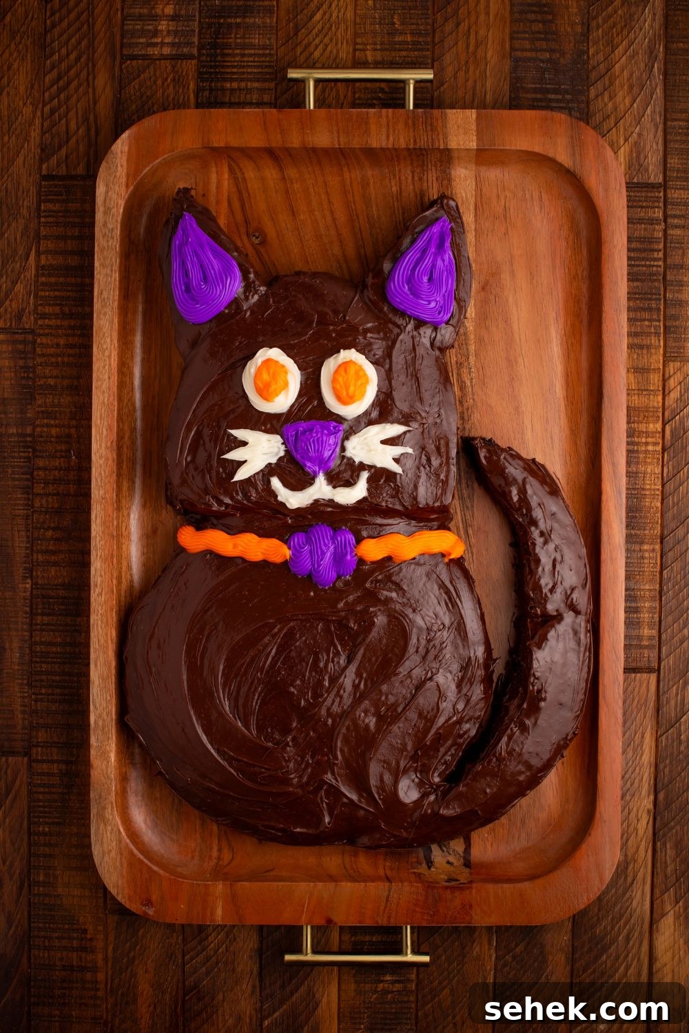 Easy Halloween Black Cat Cut Out Cake on tray on table 