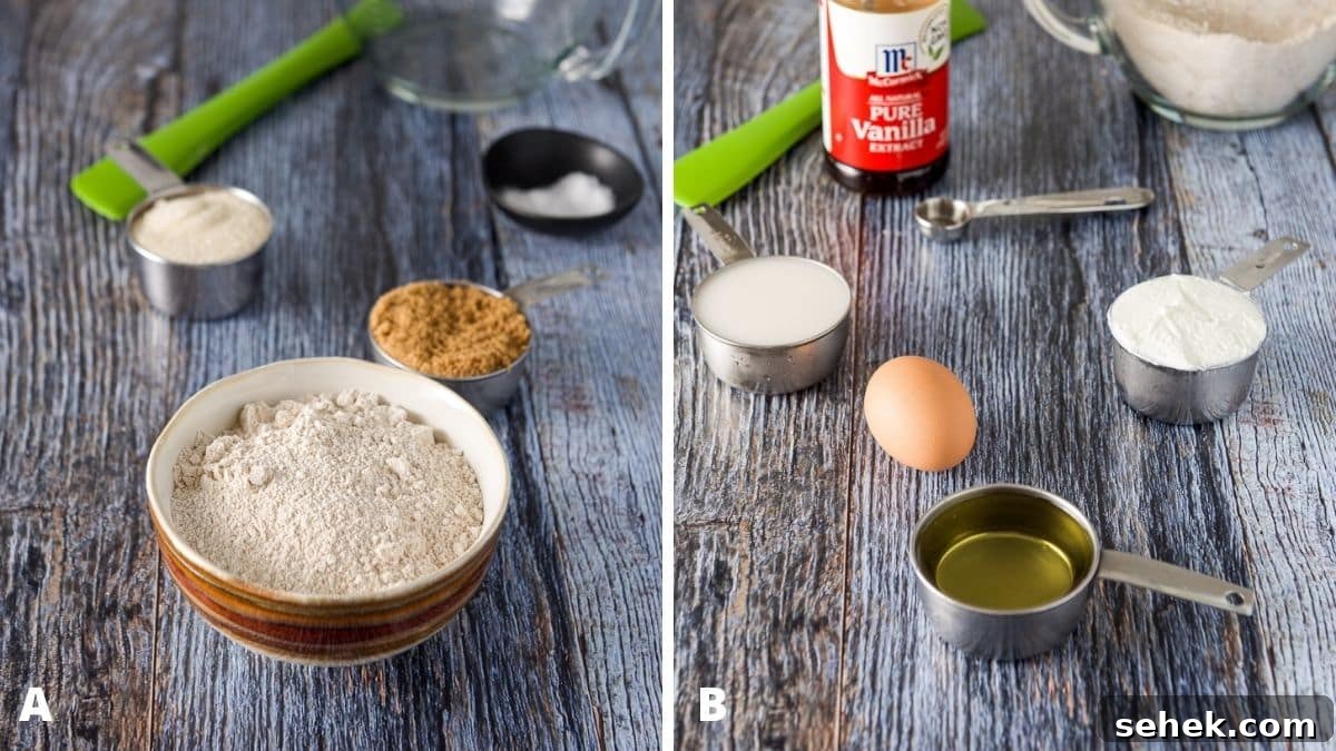 Cranberry Orange Muffins Recipe with Zesty Citrus Glaze 4 Left - flour, sugars, baking soda, salt and a bowl and spatula. Right - oil, egg, milk, yogurt and vanilla