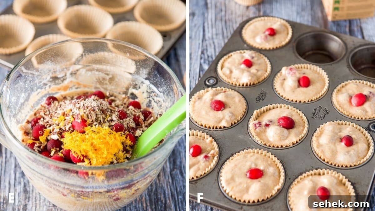 Cranberry Orange Muffins Recipe with Zesty Citrus Glaze 6 Left - the ingredients all in the bowl with a muffin tin in the back. Right - muffin batter in the muffin tins with a cranberry on each one