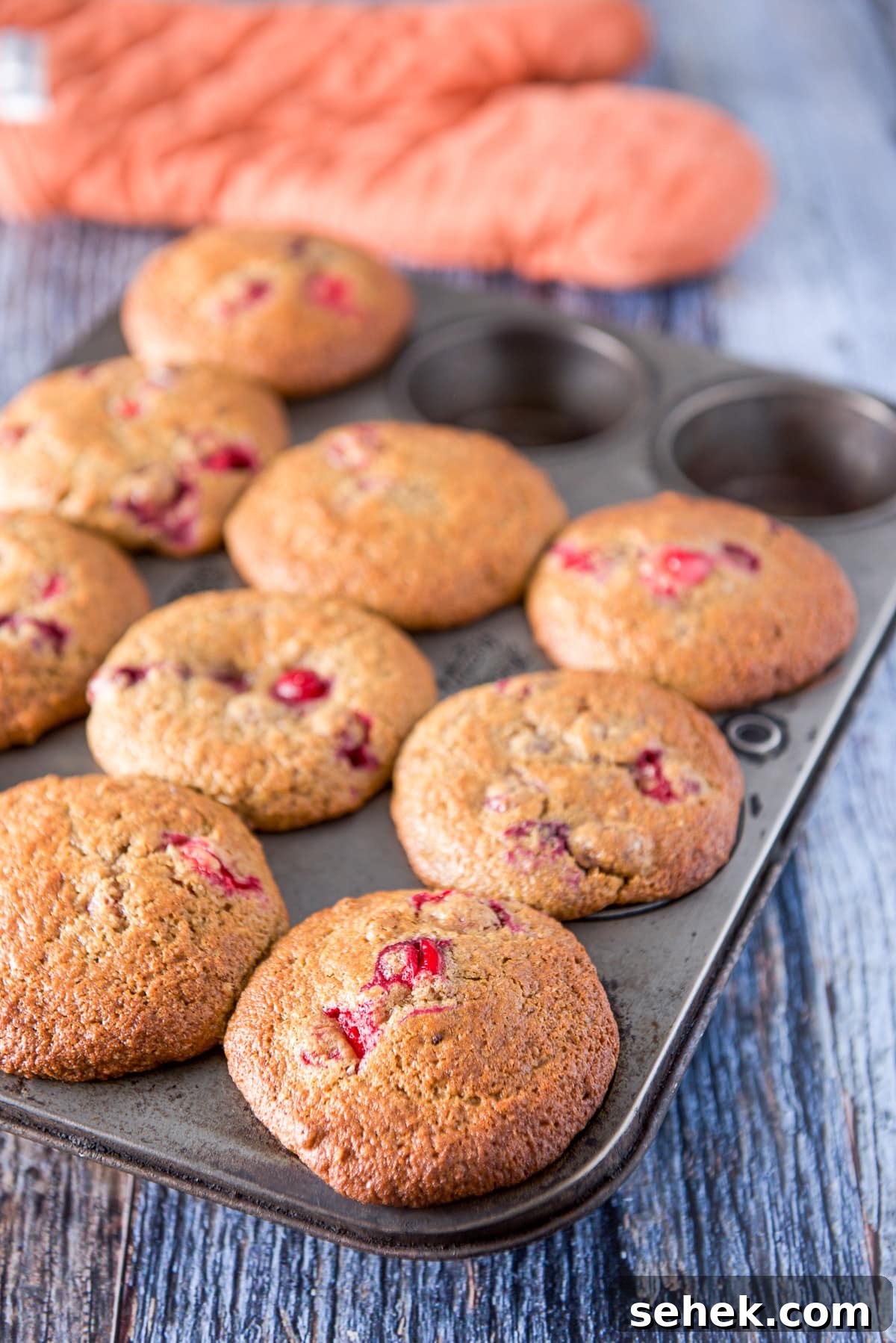 Cranberry Orange Muffins Recipe with Zesty Citrus Glaze 7 Cranberry muffins straight out of the oven still in the pan