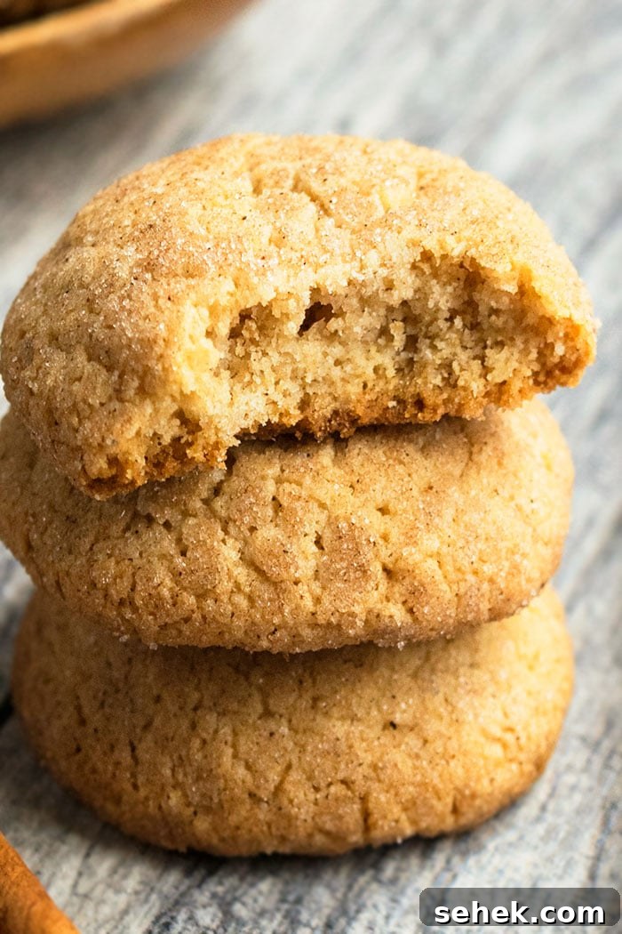 Soft Chewy Cinnamon Cookies Recipe 4 Stack of cookies on wooden gray background.