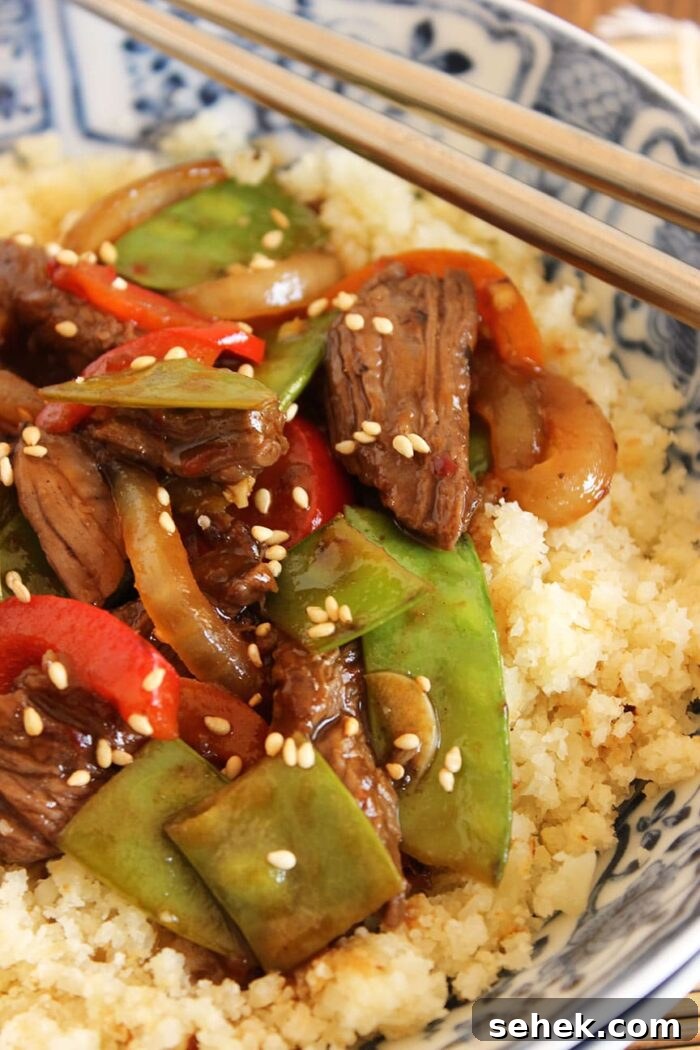 Stir-Fried Beef with Peppers, Snow Peas & Cauliflower Rice 3 Stir-Fried Beef Peppers and Snow Peas with Cauliflower Rice | The Suburban Soapbox #cauliflowerrice #lowcarb #stirfry