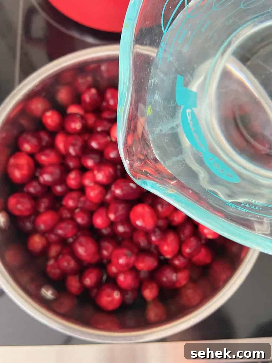 Homemade Spiced Cranberry Sauce with Warm Holiday Spices 4 Water being added to cranberries in saucepan.