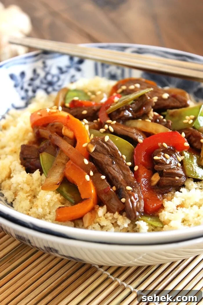 Stir-Fried Beef with Peppers, Snow Peas & Cauliflower Rice 4 Stir-Fried Beef Peppers and Snow Peas with Cauliflower Rice | The Suburban Soapbox #cauliflowerrice #lowcarb #stirfry