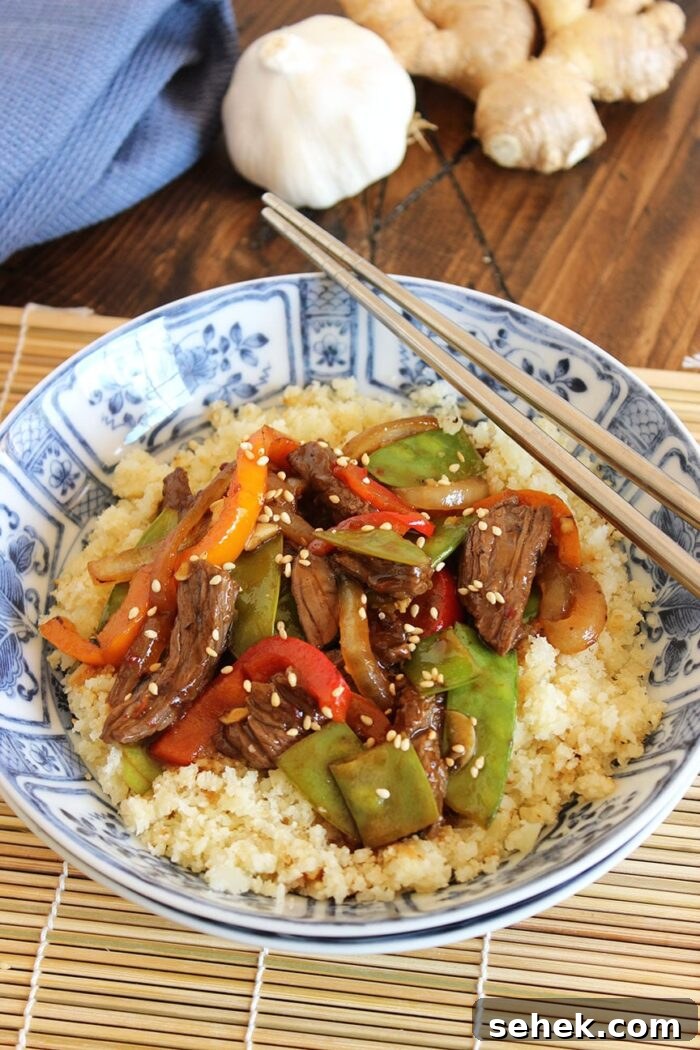 Stir-Fried Beef with Peppers, Snow Peas & Cauliflower Rice 5 Stir-Fried Beef Peppers and Snow Peas with Cauliflower Rice | The Suburban Soapbox #cauliflowerrice #lowcarb #stirfry