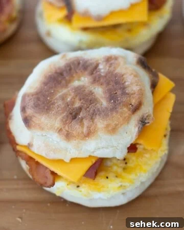 English Muffin Breakfast sandwiches on a wooden cutting board.