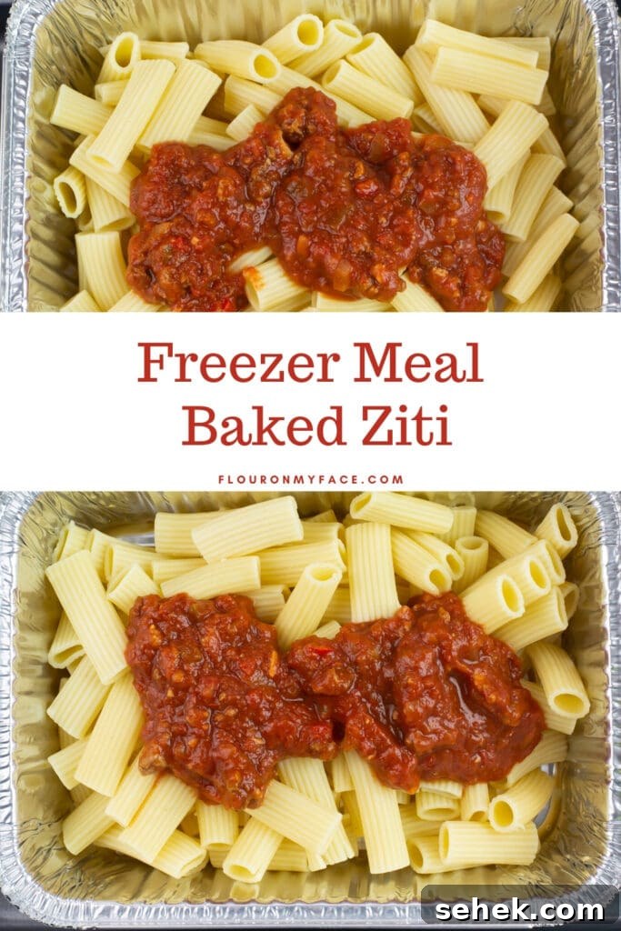two aluminum trays filled with Ziti noodles with meat sauce