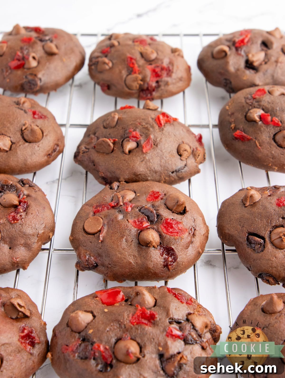 Double Chocolate Banana Split Cookies Recipe for Chocolate Lovers 11 Double chocolate banana split cookies cooling on a wire rack.