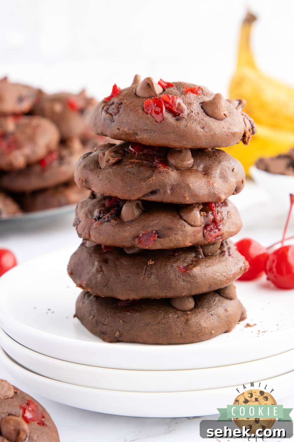 Double Chocolate Banana Split Cookies Recipe for Chocolate Lovers 14 Stack of chocolate banana cookies.