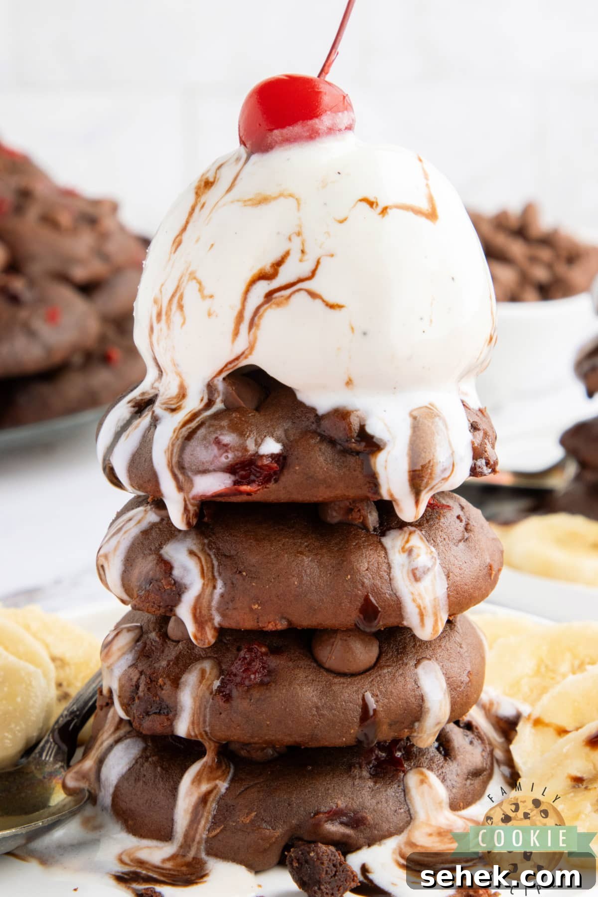 Double Chocolate Banana Split Cookies Recipe for Chocolate Lovers 3 Chocolate cookies made with bananas and cherries.