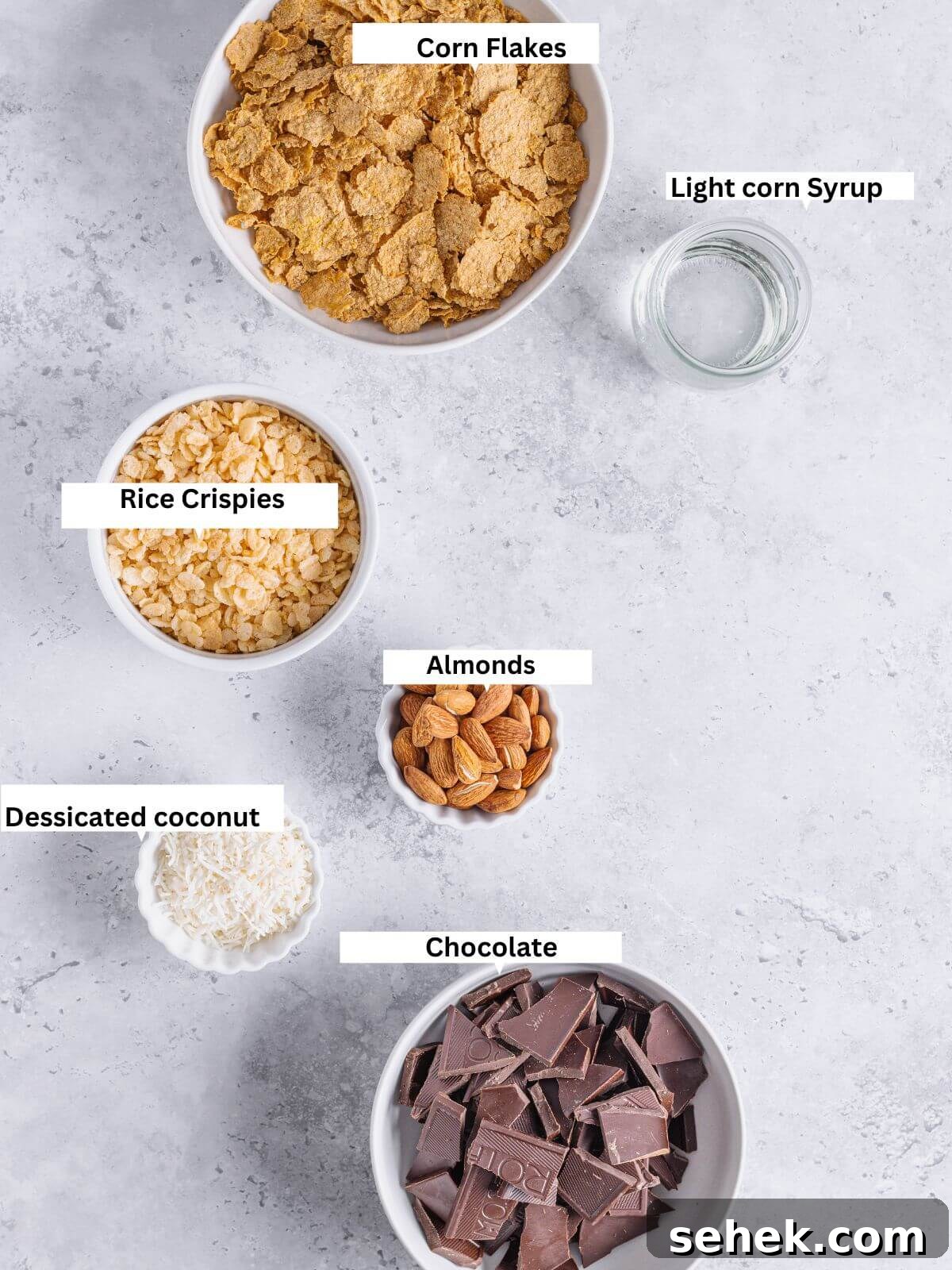 Chocolate Cornflake Cakes with Rice Krispies: No-Bake Treats 3 ingredient list of cornflake cake crispies.