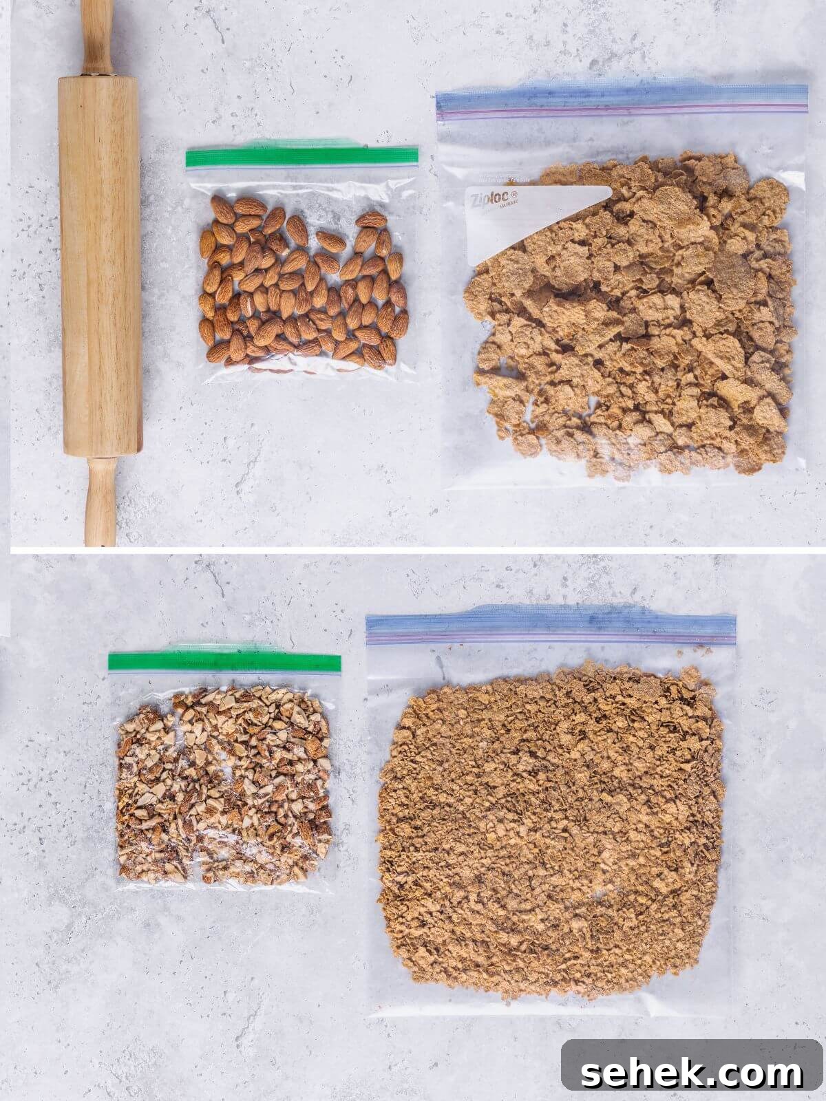 Chocolate Cornflake Cakes with Rice Krispies: No-Bake Treats 6 Whole cornflakes and whole almonds about to be crushed.