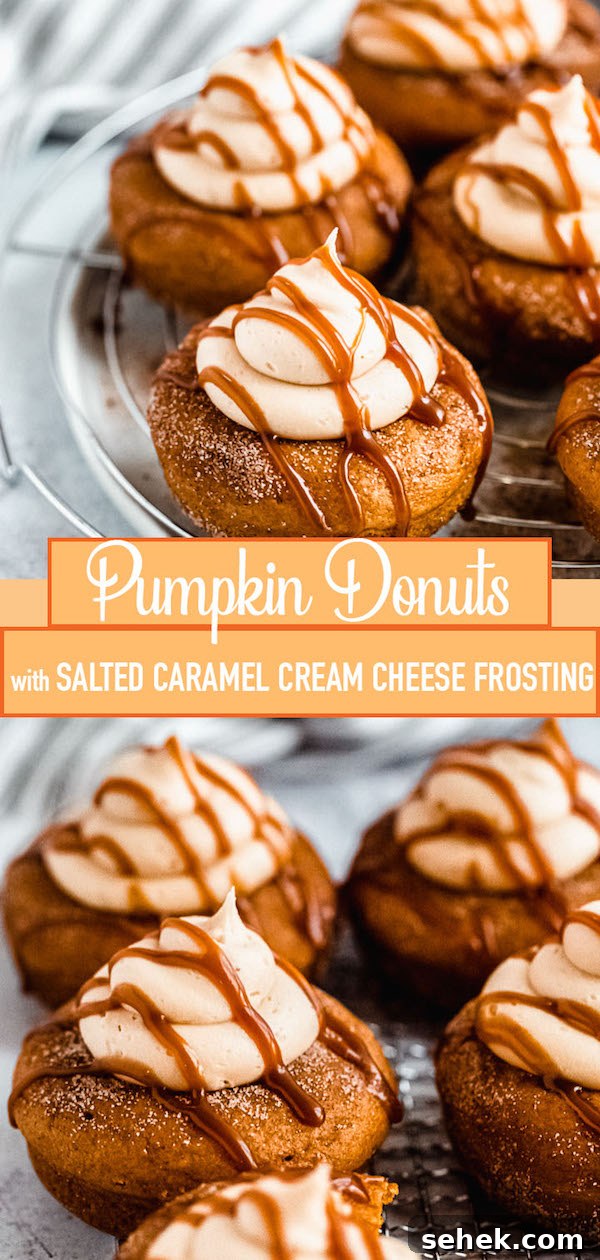 Pumpkin donuts with salted caramel cream cheese frosting pumpkin donuts topped with salted caramel cream cheese frosting and salted caramel sauce drizzle Pinterest pin image