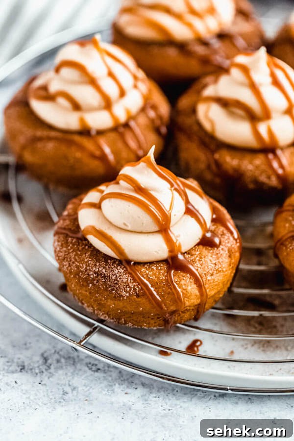Pumpkin donuts with salted caramel cream cheese frosting pumpkin donuts topped with salted caramel cream cheese frosting and salted caramel sauce drizzle on a round wire rack