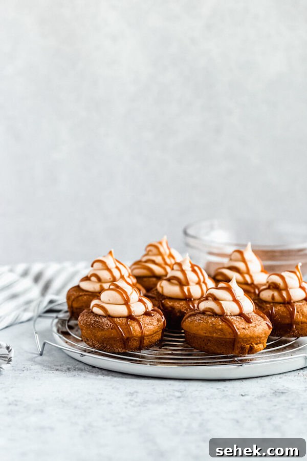 Pumpkin donuts with salted caramel cream cheese frosting pumpkin donuts topped with salted caramel cream cheese frosting and salted caramel sauce drizzle on a round wire rack