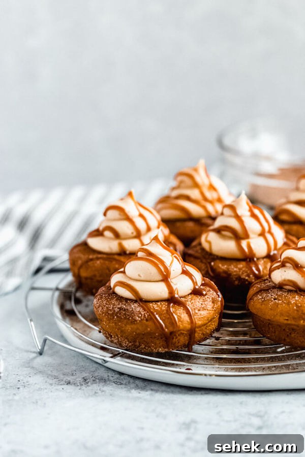 Pumpkin donuts with salted caramel cream cheese frosting pumpkin donuts topped with salted caramel cream cheese frosting and salted caramel sauce drizzle on a round wire rack