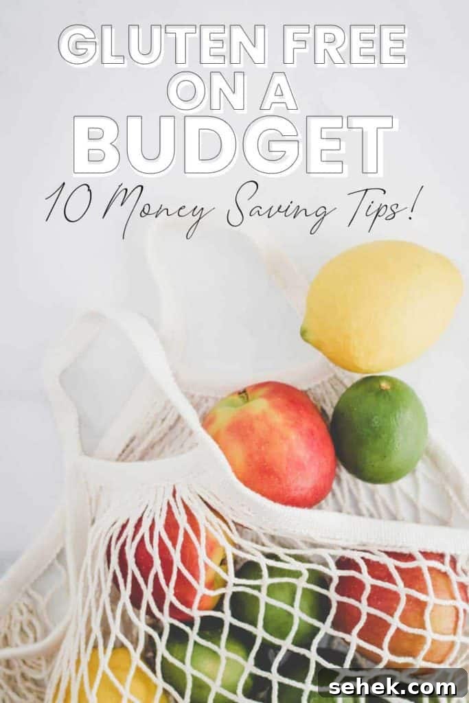 10 Budget-Friendly Gluten-Free Tips to Save Money 2 Gluten free on a budget, 10 money saving tips, mesh reusable shopping bag with apples, lemons, and limes spilling out.