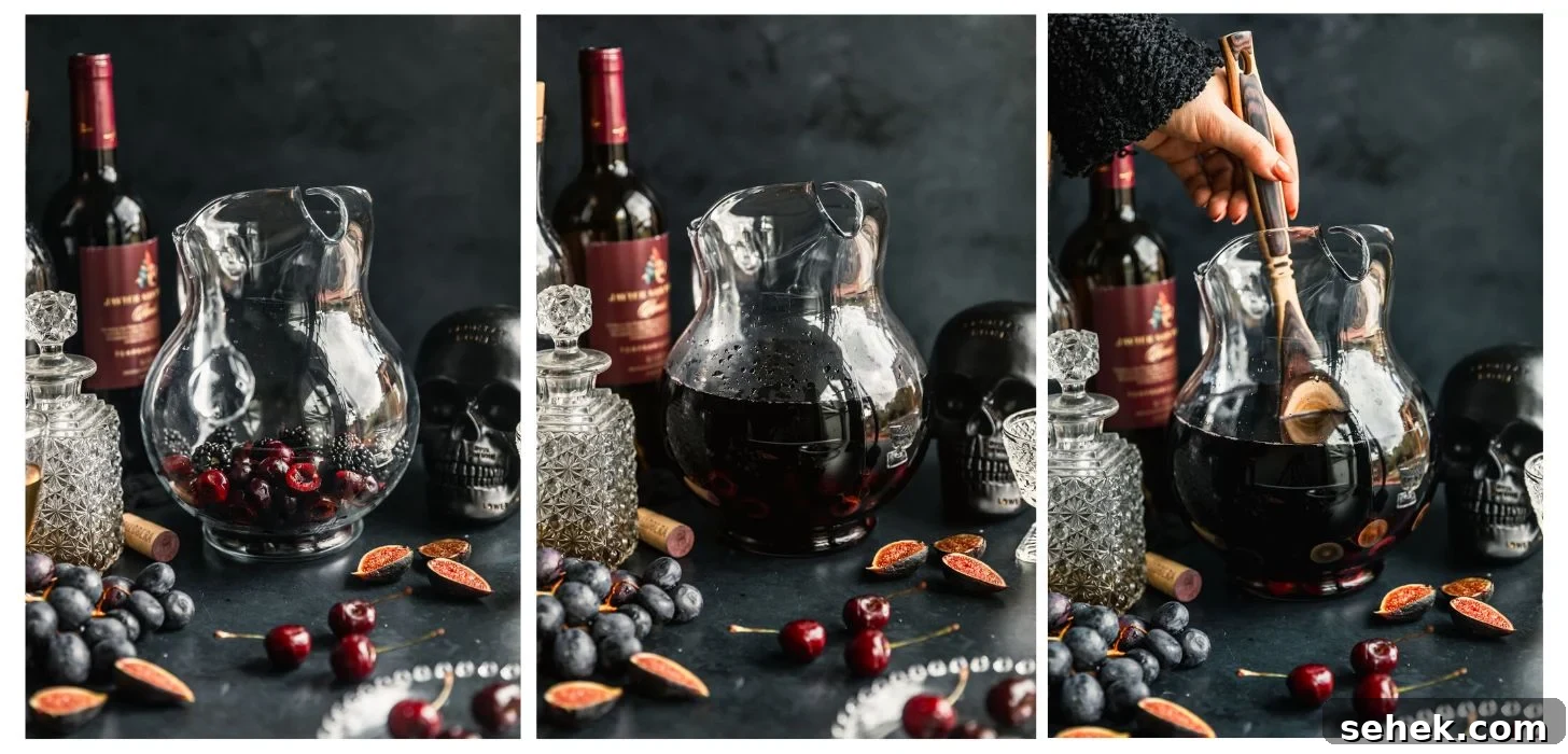 Black Halloween Sangria Recipe with Spooky Blackberry Twist 4 Three steps to making a wine cocktail. In photo 1, a pitcher with cherries, blackberries, and grapes on a black table next to alcohol bottles, grapes, figs, a bottle of wine, and a black skeleton. In photo 2, the pitcher has wine and juice in it. In photo 3, a woman's hand stirs the cocktail.