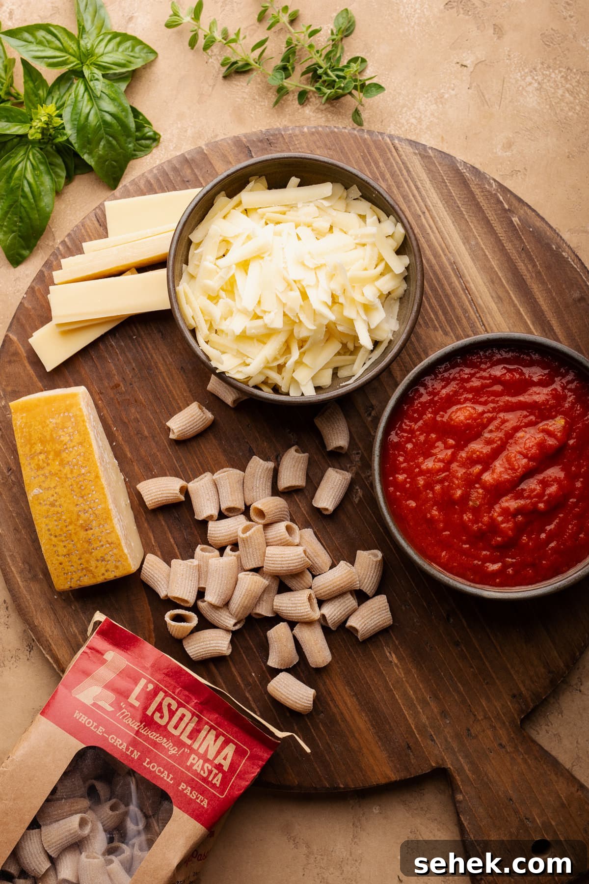Baked Ziti Without Ricotta: Creamy Oven-Baked Pasta Recipe 3 Ingredients for baked ziti arranged on a round wooden cutting board that's sitting on a tan background.