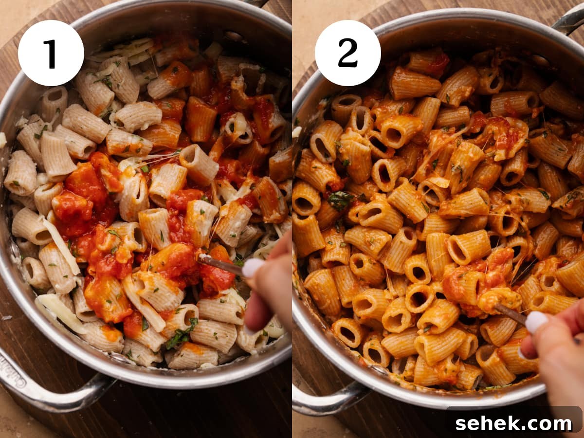 Baked Ziti Without Ricotta: Creamy Oven-Baked Pasta Recipe 4 A collage of two photos how to stir in cheese and sauce to make baked ziti. The two photos are of a pot filled with pasta and cheese, and both have a hold with a spoon mixing the ingredients together.