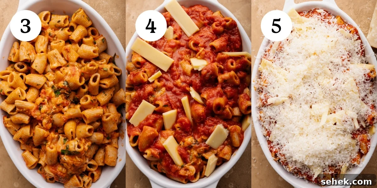 Baked Ziti Without Ricotta: Creamy Oven-Baked Pasta Recipe 5 A collage of three photos showing how to make baked ziti. The first photo is an oval white dish with ziti noodles in it. The second photo is the same dish with ziti noodles topped with sauce and a few pieces of cheese. The third photo is the same dish of ziti topped with a final layer of shredded cheese over top.