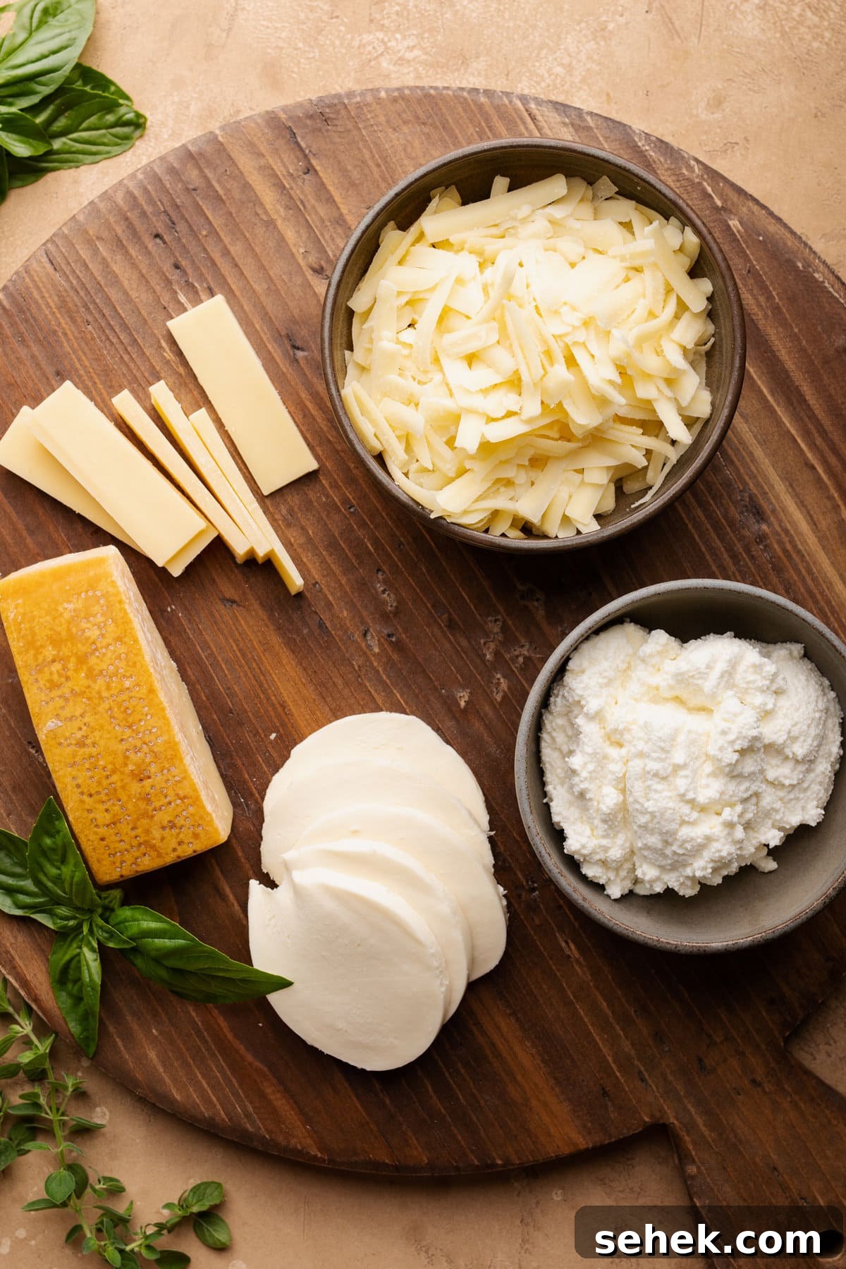 Baked Ziti Without Ricotta: Creamy Oven-Baked Pasta Recipe 6 A large round wooden cutting board with different types of cheese arranged in slices or in small bowls. Some fresh herbs are also arranged around the cutting board as decoration.