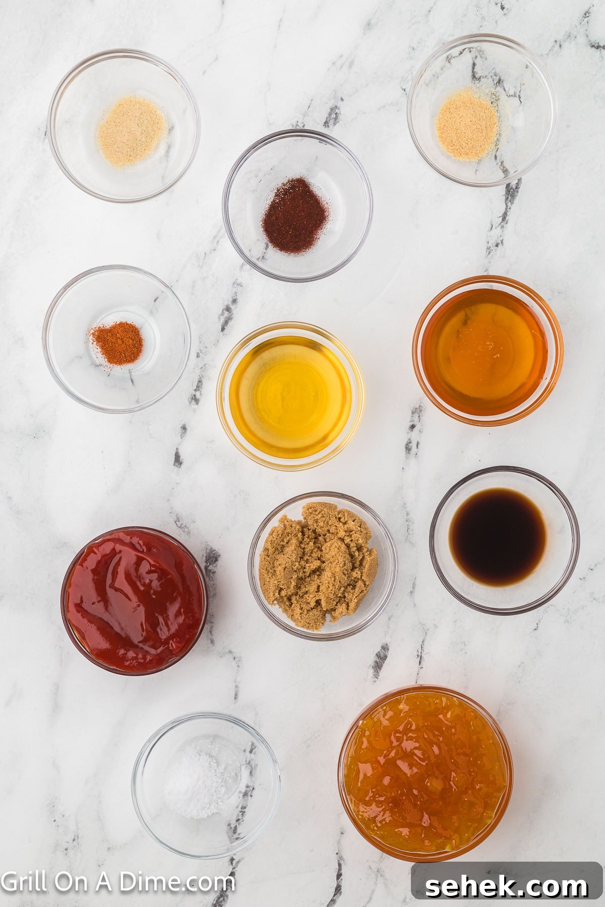 Peach BBQ Sauce Recipe for Grilling and Glazing 3 Ingredients - Ketchup, peach preserves, apple cider vinegar, brown sugar, honey, Worcestershire sauce, Smoked Paprika, onion, powder, garlic powder, salt, cayenne pepper