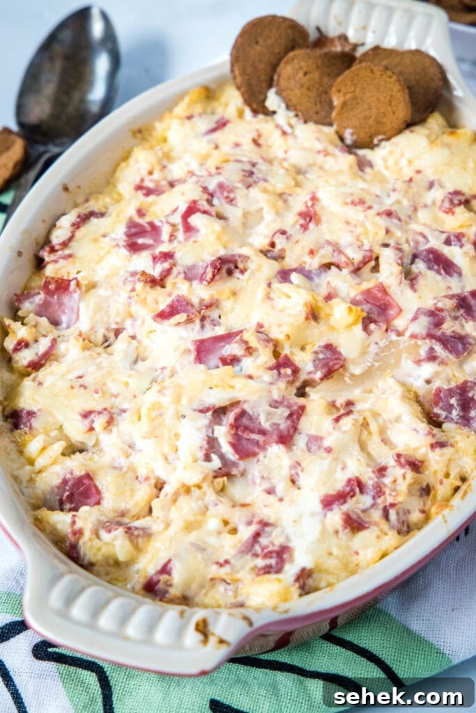Creamy Reuben Dip Recipe with Corned Beef and Sauerkraut 6 hot reuben dip with rye chips