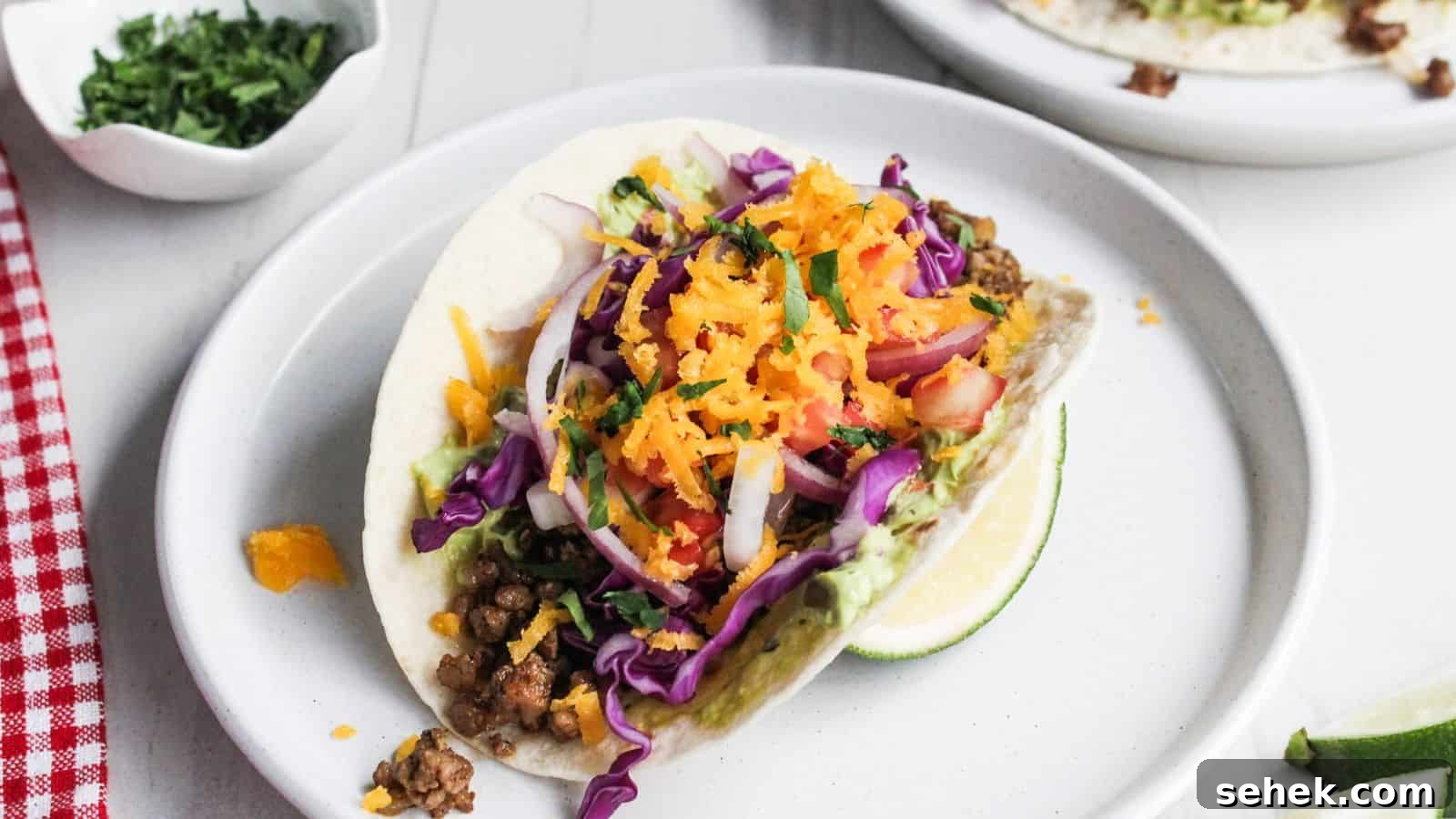 Two pork tacos on a white plate with lime wedges.