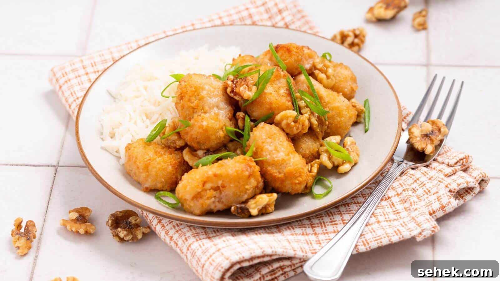 Plate of crispy chicken pieces with walnuts and green onions, served next to white rice on a patterned cloth with a fork.