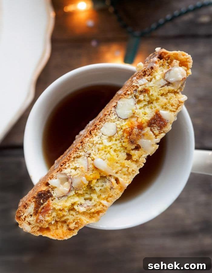 Apricot Almond Biscotti with White Chocolate Drizzle 4 One Apricot and Almond Biscotti on top of cup of tea