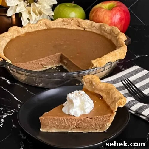 Irresistible Apple Butter Pie Recipe for Fall Baking 14 Apple butter pie with a sliced on a dark plate, garnished with whipped cream.