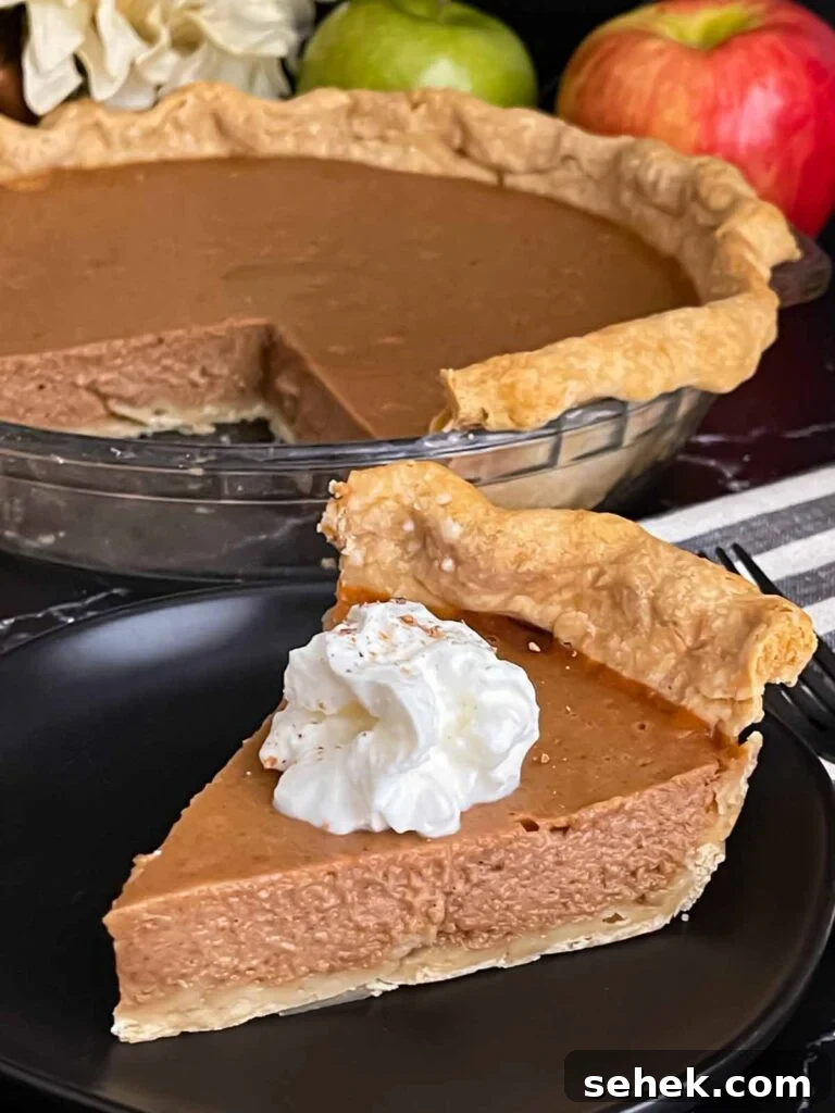 Irresistible Apple Butter Pie Recipe for Fall Baking 9 Apple butter pie with a sliced on a dark plate, garnished with whipped cream.