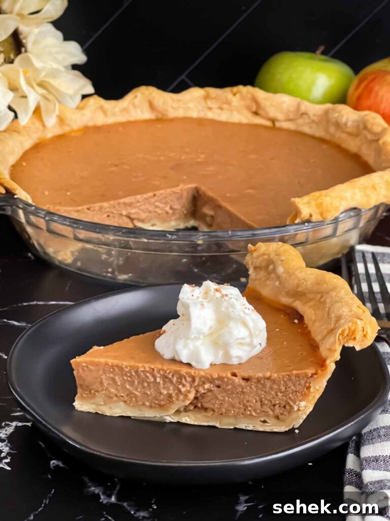 Irresistible Apple Butter Pie Recipe for Fall Baking 10 Apple butter pie with a sliced on a dark plate, garnished with whipped cream.
