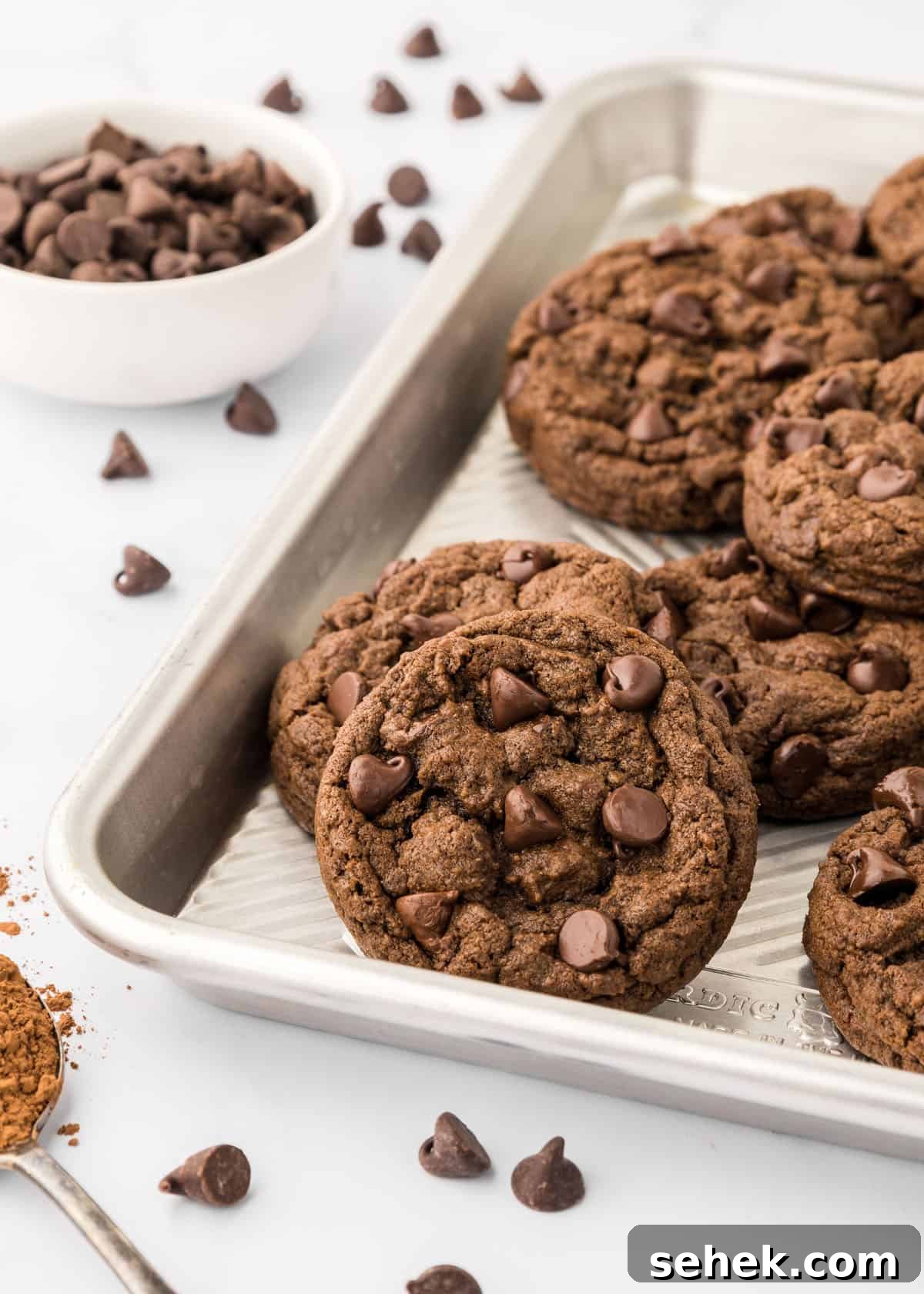 Chocolate chip cookies on a baking sheet on a counter with a spoonful of cocoa powder.