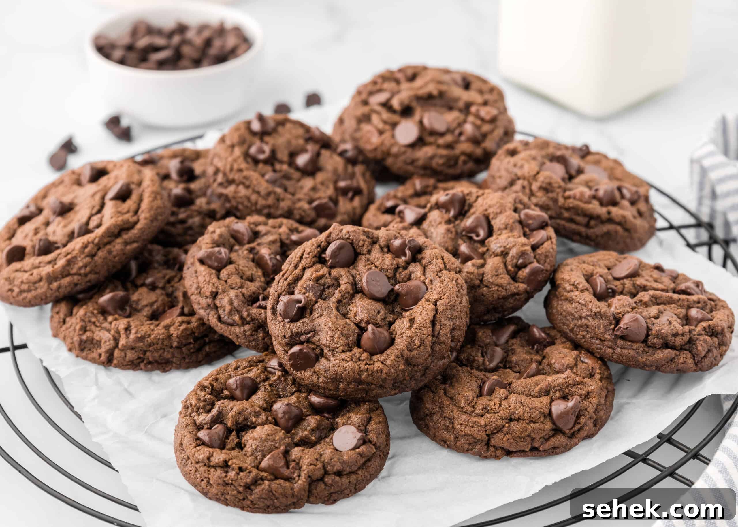 Ultimate Double Chocolate Cookies Recipe for Rich, Fudgy Results 8 Double chocolate chip cookies on a wire rack.