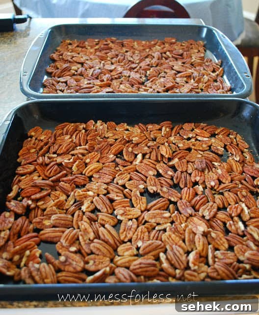 Sweet Cinnamon Candied Pecans for Snacking & Gifts 4 pecans in a pan