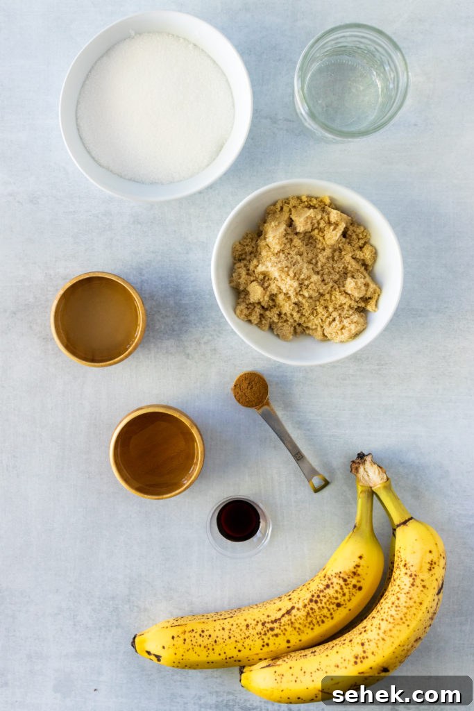overhead shot showing the ingredients needed to make a batch of drunken monkey banana rum jam