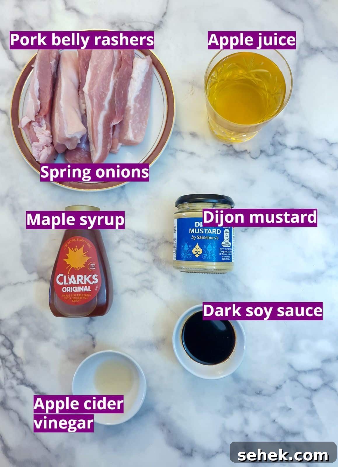 Ingredients you will need to make maple-glazed pork belly slices.