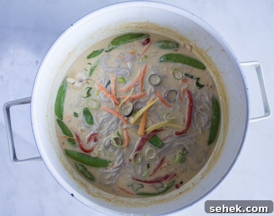 Thai Chicken Ramen Bowl with Veggies, Basil & Peanuts 5 Simmering in the pot, the noodles will absorb the brothy sauce