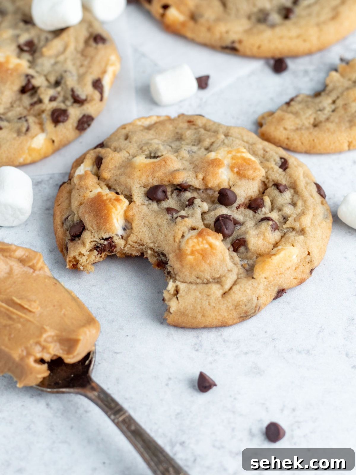 Peanut Butter Marshmallow Cookies Recipe for Soft, Chewy Treats 8 Peanut butter cookie with a bite showing marshmallow and chocolate