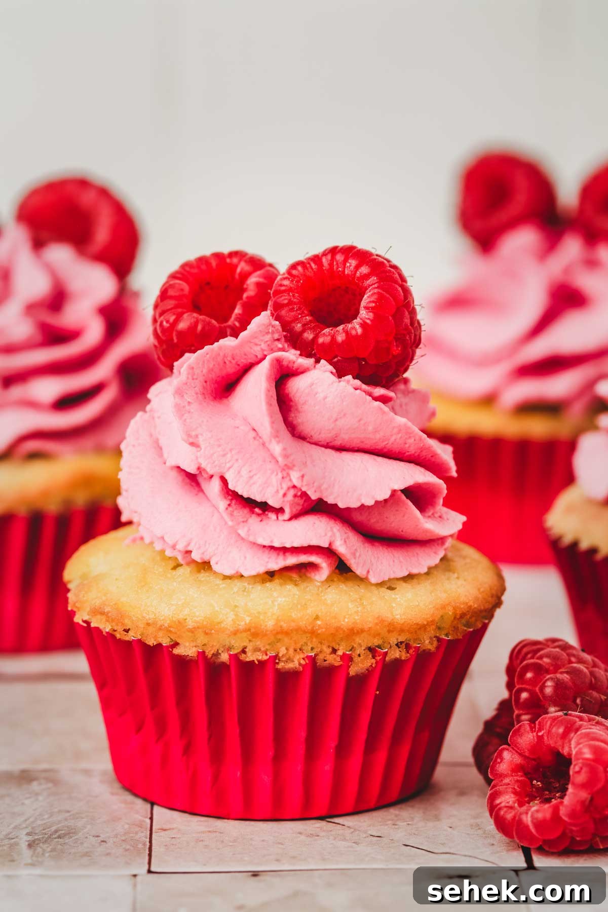 Silky Raspberry Frosting Recipe for Cakes and Cupcakes 2 cupcake topped with raspberry frosting