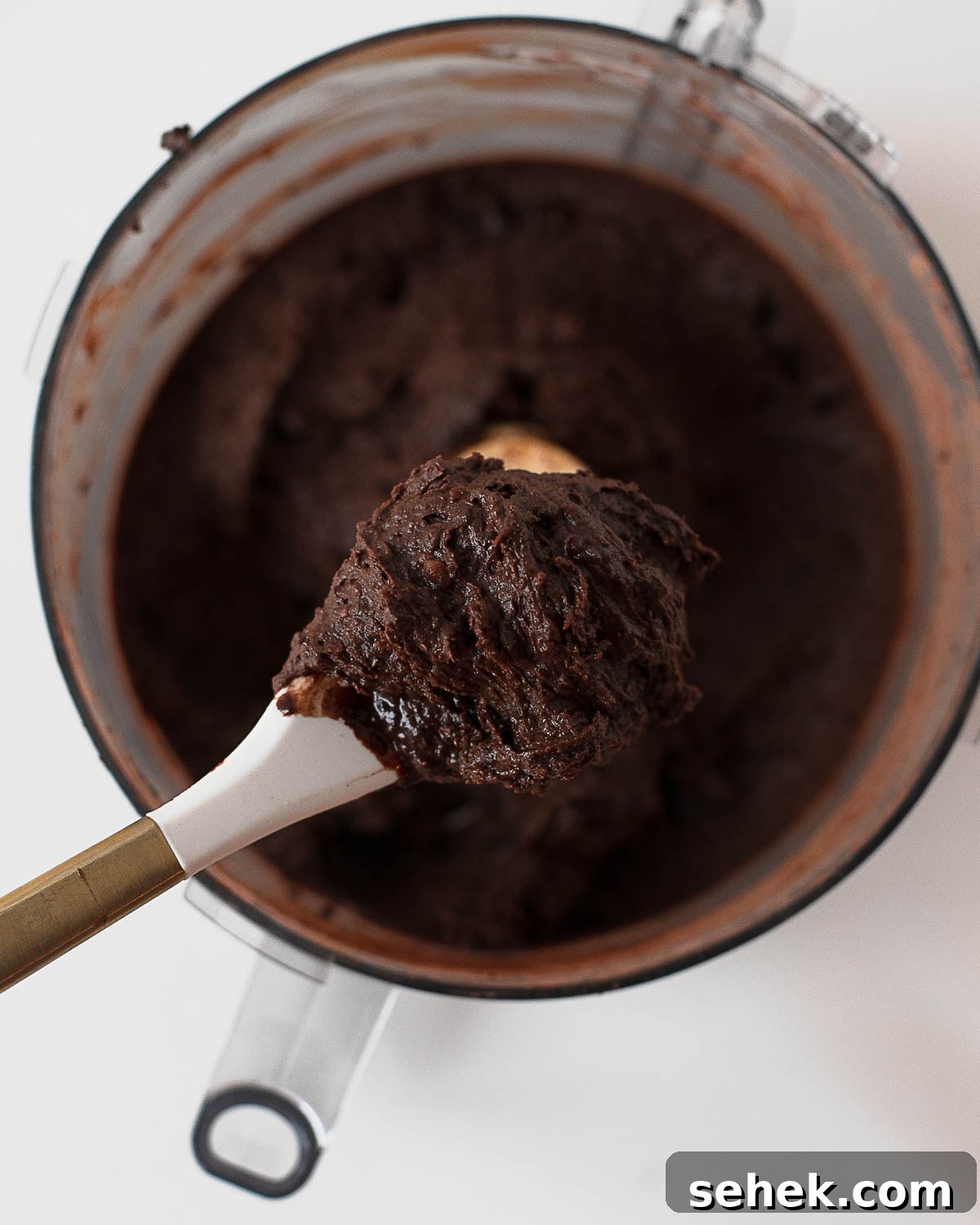 Fudgy Flourless Black Bean Cookies — Vegan Chocolate Treats 6 Thick chocolate cookie dough made from black beans in a food processor on a spoon