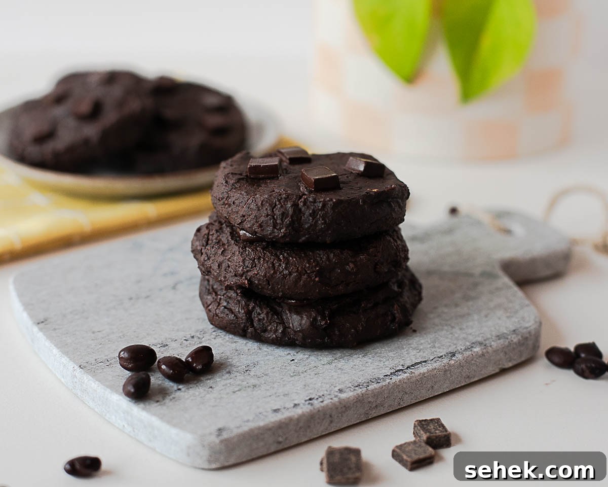 Fudgy Flourless Black Bean Cookies — Vegan Chocolate Treats 10 Three stacked black bean cookies showing rich, dense texture and chocolate chunks