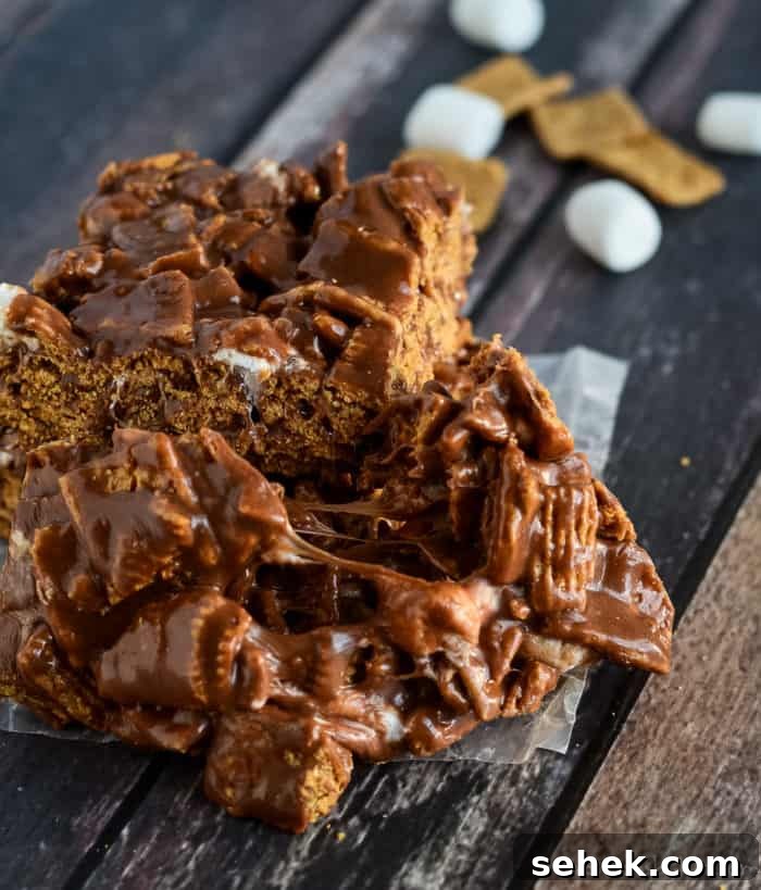 ooey gooey warm no bake s'more bar with golden grahams and marshmallows
