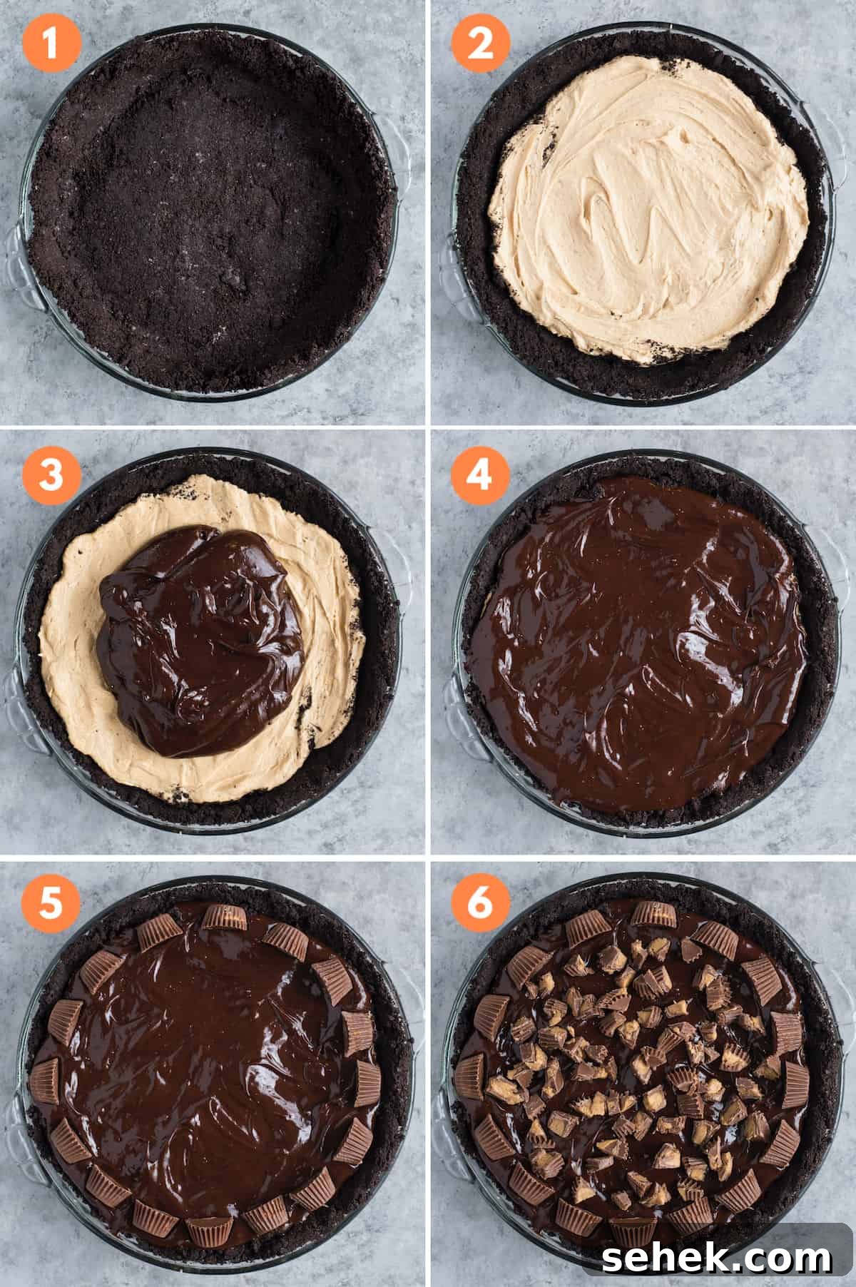 how to make chocolate peanut butter pie step by step collage