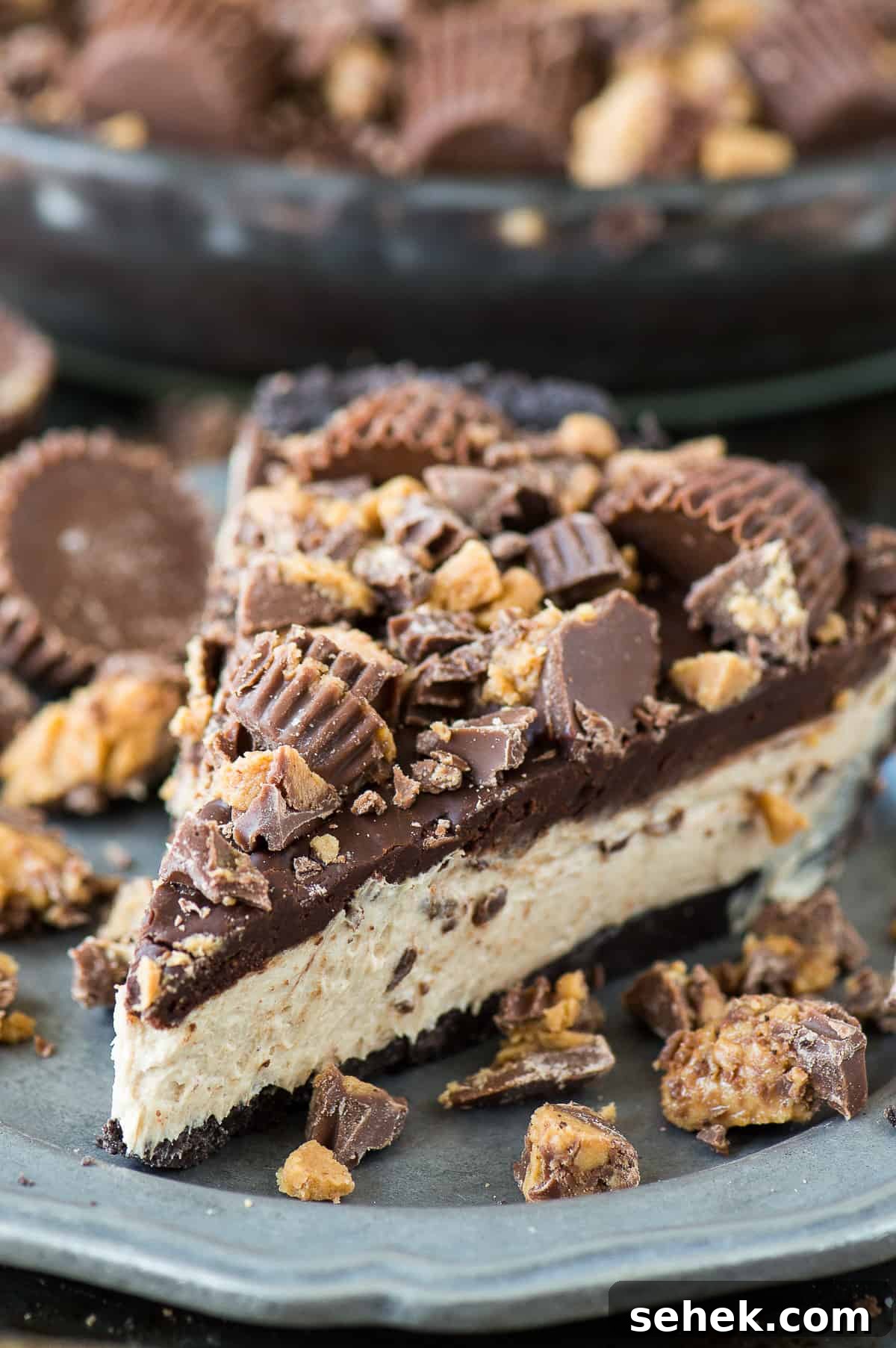 slice of Chocolate Peanut Butter Pie on metal plate 