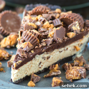 A slice of chocolate peanut butter cheesecake topped with Reese peanut butter cups.