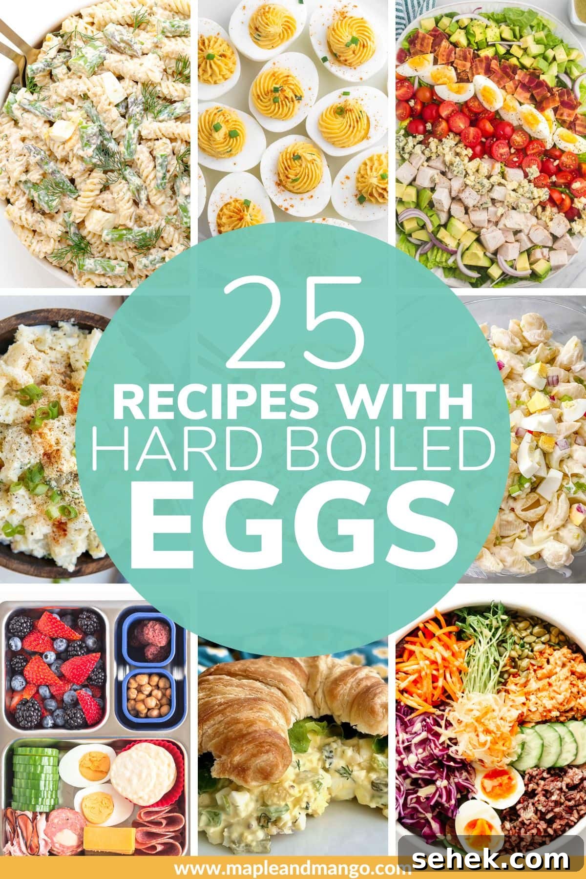 Ways to Use Hard-Boiled Eggs: Recipes, Tips, and Ideas 2 Photo collage of different dishes that can be made with boiled eggs and text overlay that reads '25 Recipes With Hard Boiled Eggs'.
